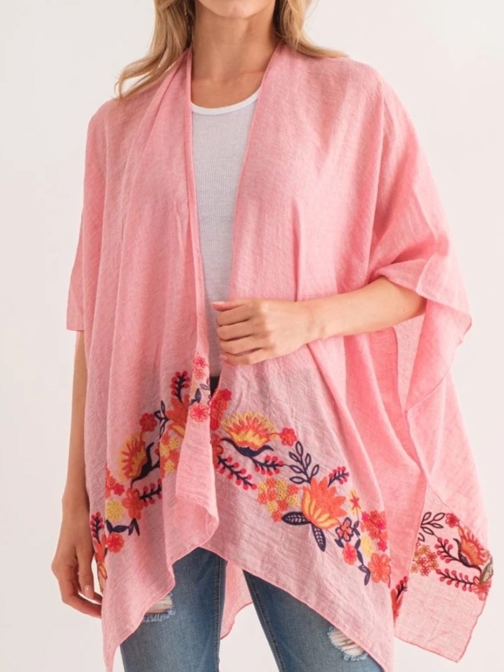 Raj Arabella Pink Embroidered Border Open Front Poncho Jacket Breathable OS